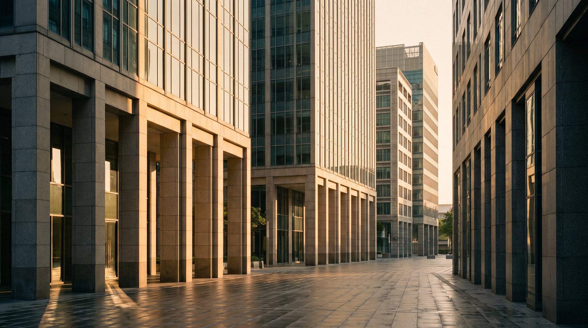 Stone colonnades of office towers in warm morning light