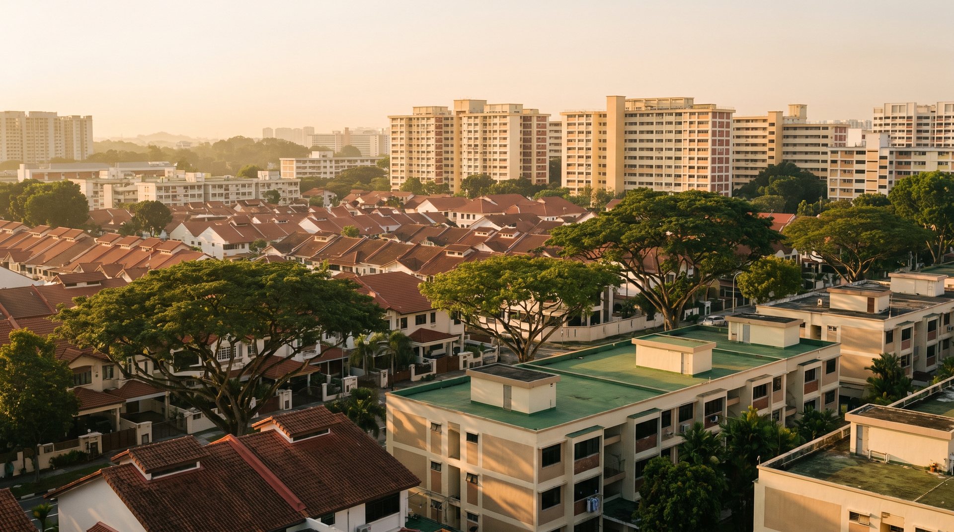 Residential rooflines and rain trees in golden morning light