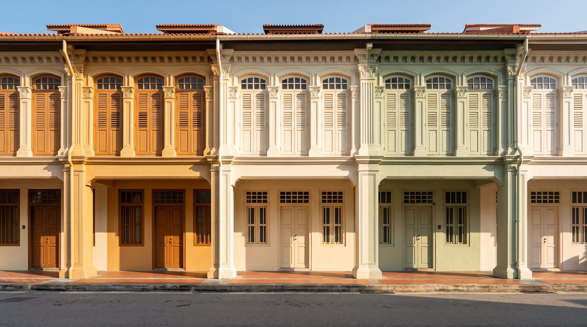 A row of conservation shophouses in ochre, cream and sage