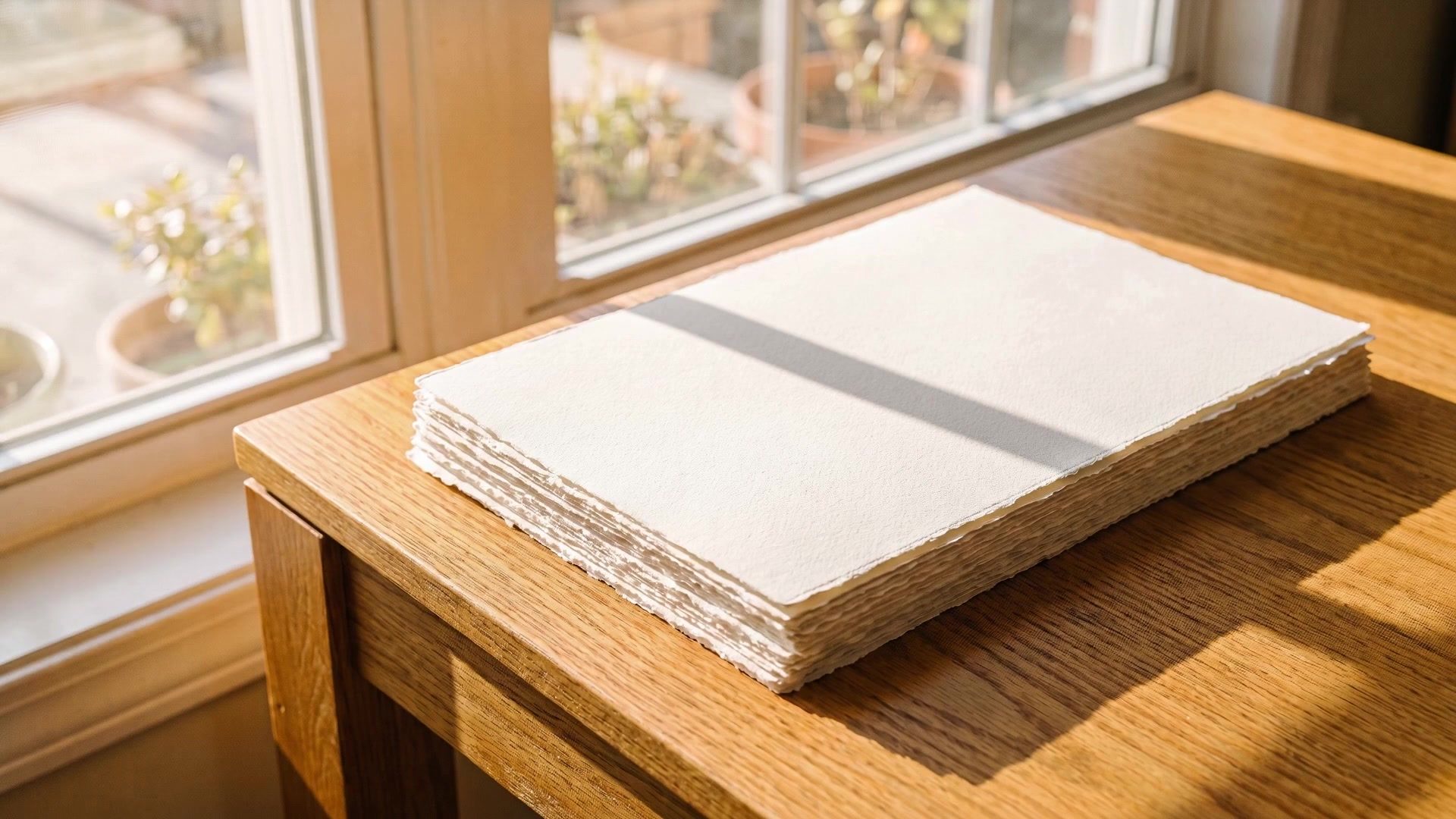 Sheets of heavy cream paper in window daylight