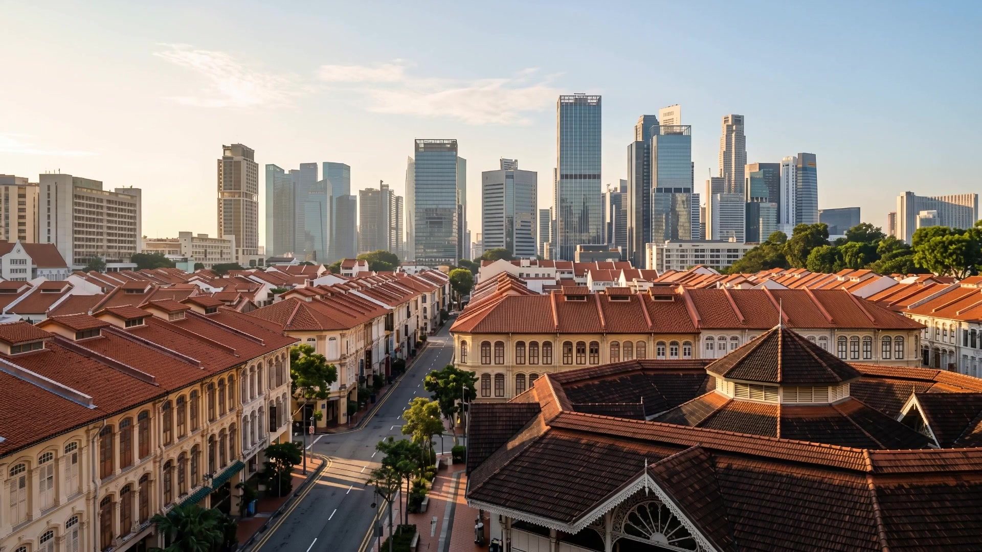 Morning light over shophouse rooflines, towers behind